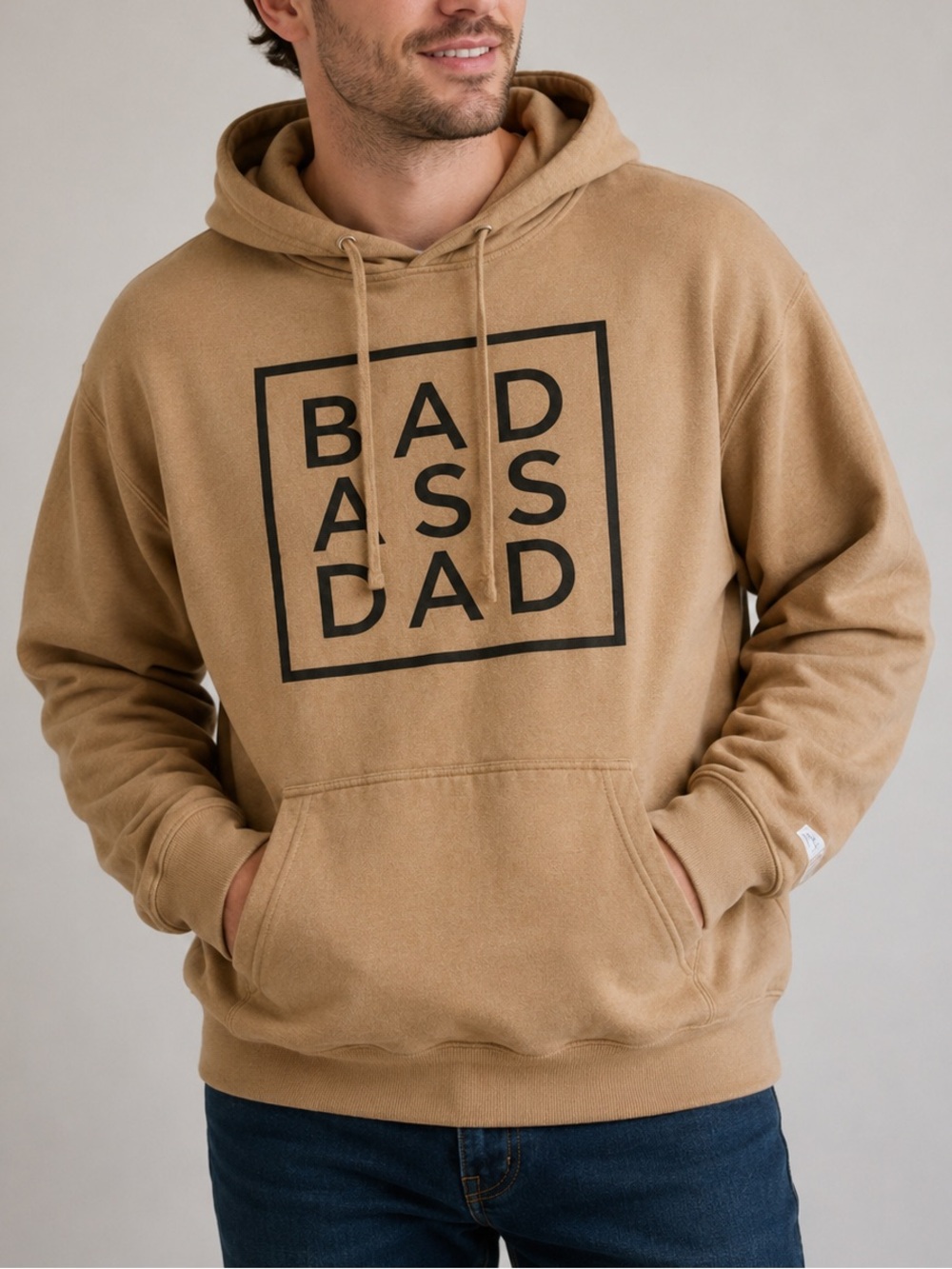 My Soul Collection Bad Ass Dad Graphic Hoodie Tan Kangaroo Pocket Men’s Large